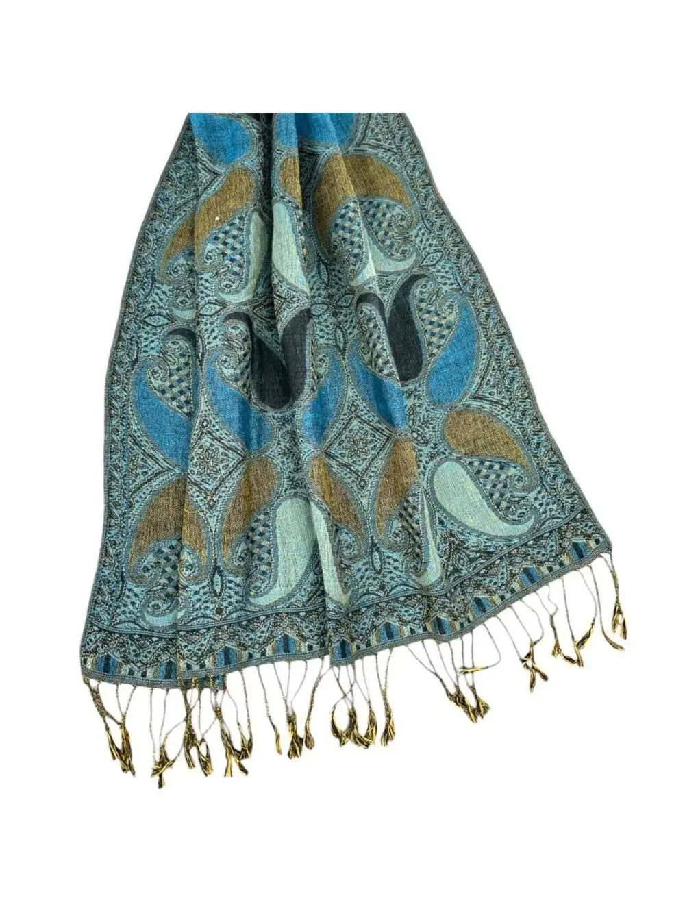 Blue Green Paisley Pashmina Silk Blend Shawl Scarf Wrap
